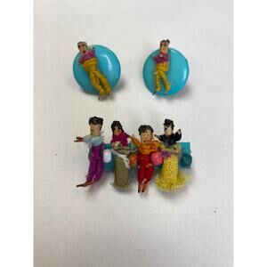 vintage 1980s Guatemalan folk art worry doll brooch and earring set wearable art